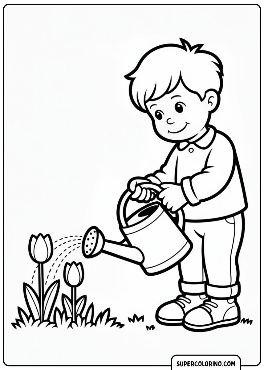 Image à colorier d’un garçon souriant arrosant deux tulipes avec un arrosoir.
