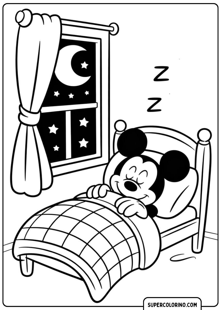 Image à colorier : Mickey Mouse dort paisiblement dans son lit la nuit.