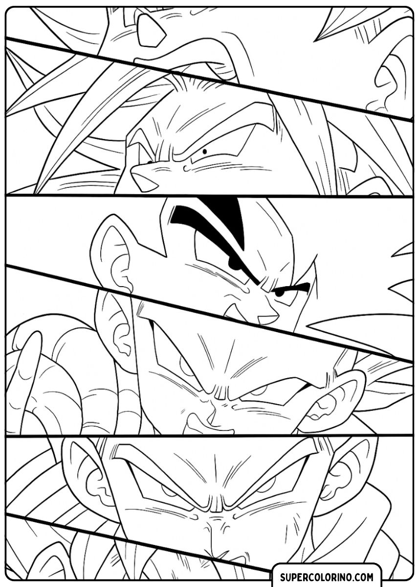 Kleurplaat met cartoonpaneelclose-ups van gezichten, waaronder Goku en Vegeta.
