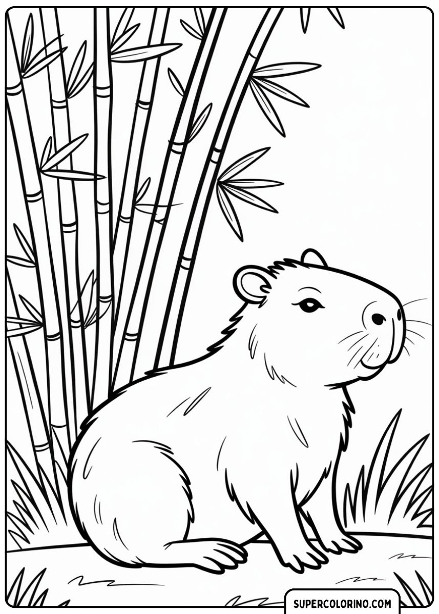 Malvorlage: Capybara sitzt entspannt vor einem dicken Bambusrohr in einem asiatisch anmutenden Wald.