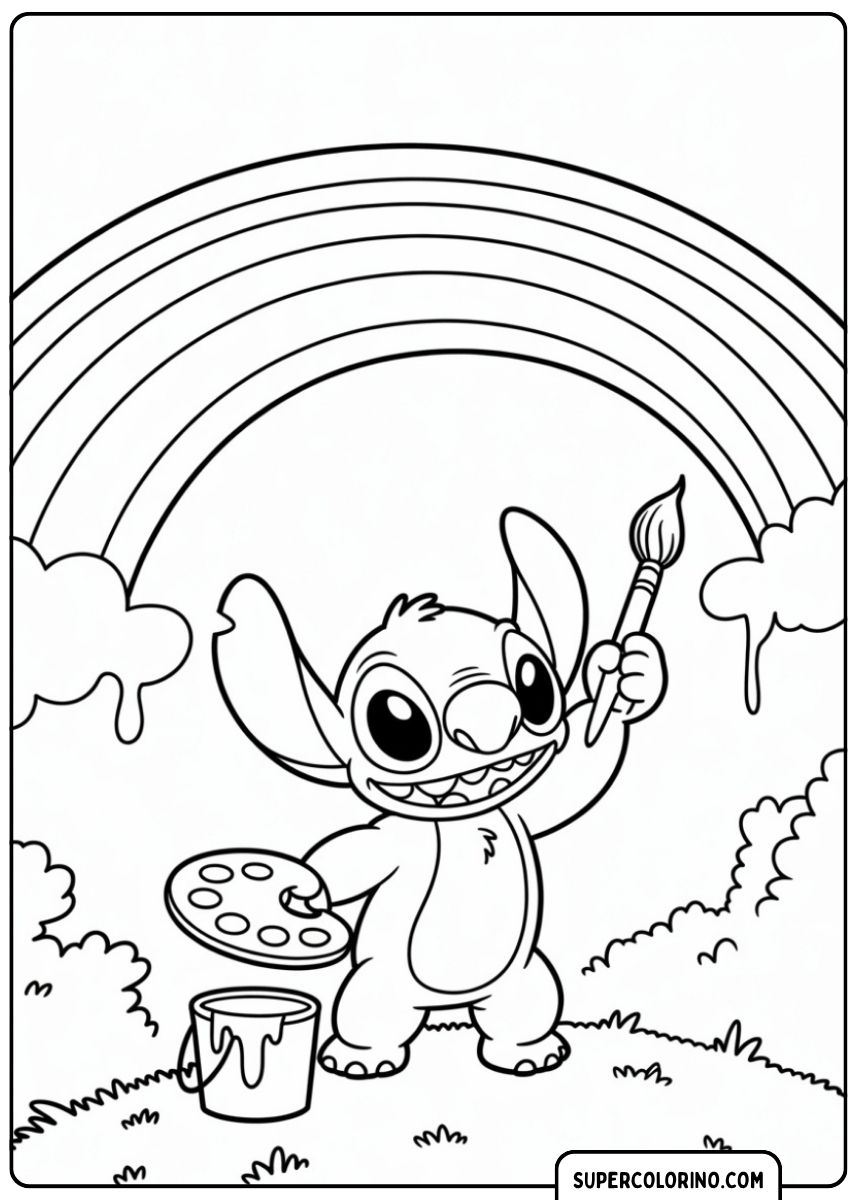 Stitch houdt penseel en palet vast onder een regenboog.