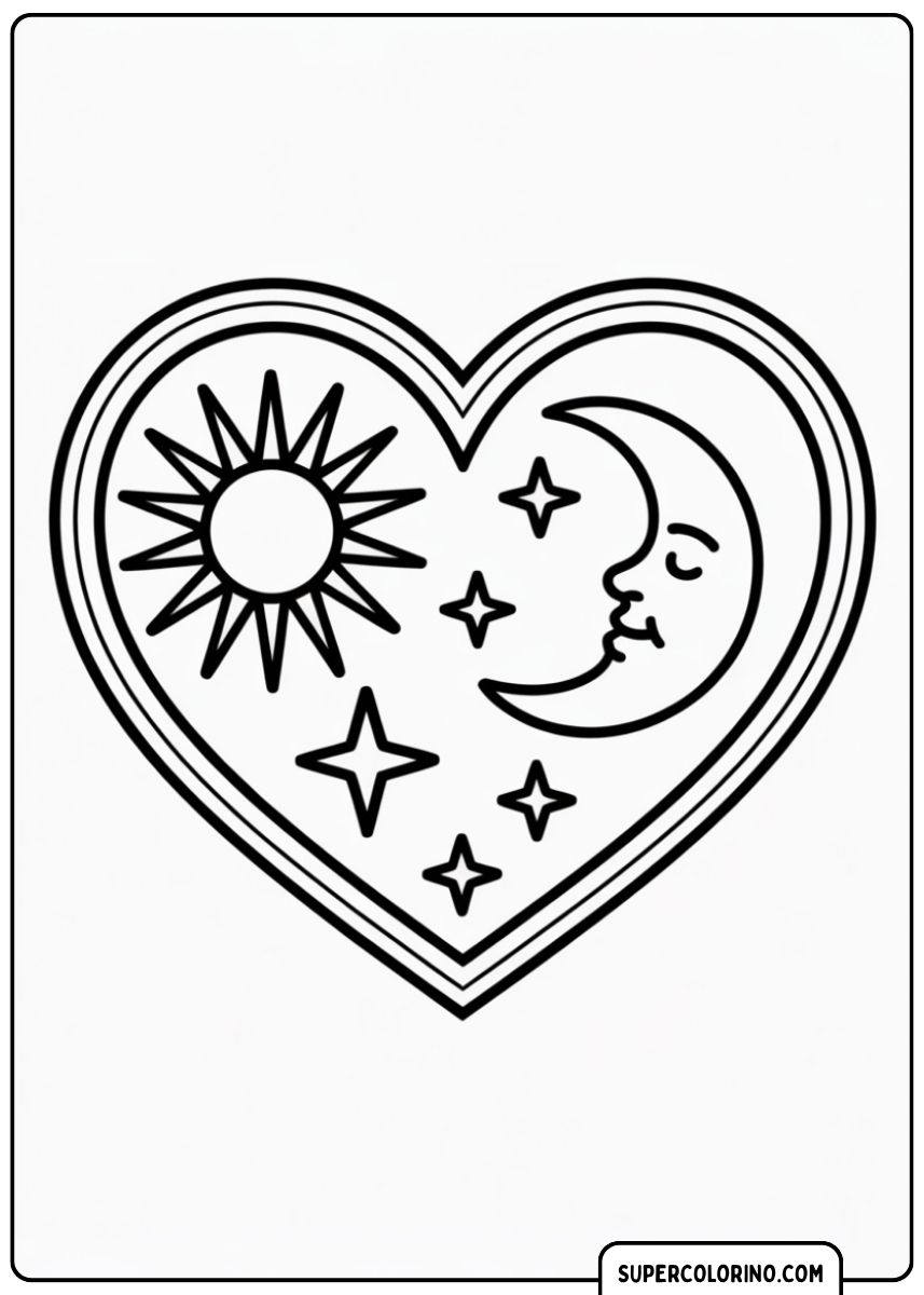 Kleurplaat: Een groot hart met daarin een zon, een halve maan en sterren.