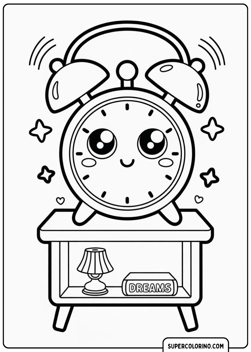 Ein süßer lächelnder Wecker mit großen Augen steht auf einem Nachttisch neben einem Buch mit der Aufschrift „DREAMS“ und einer kleinen Lampe.