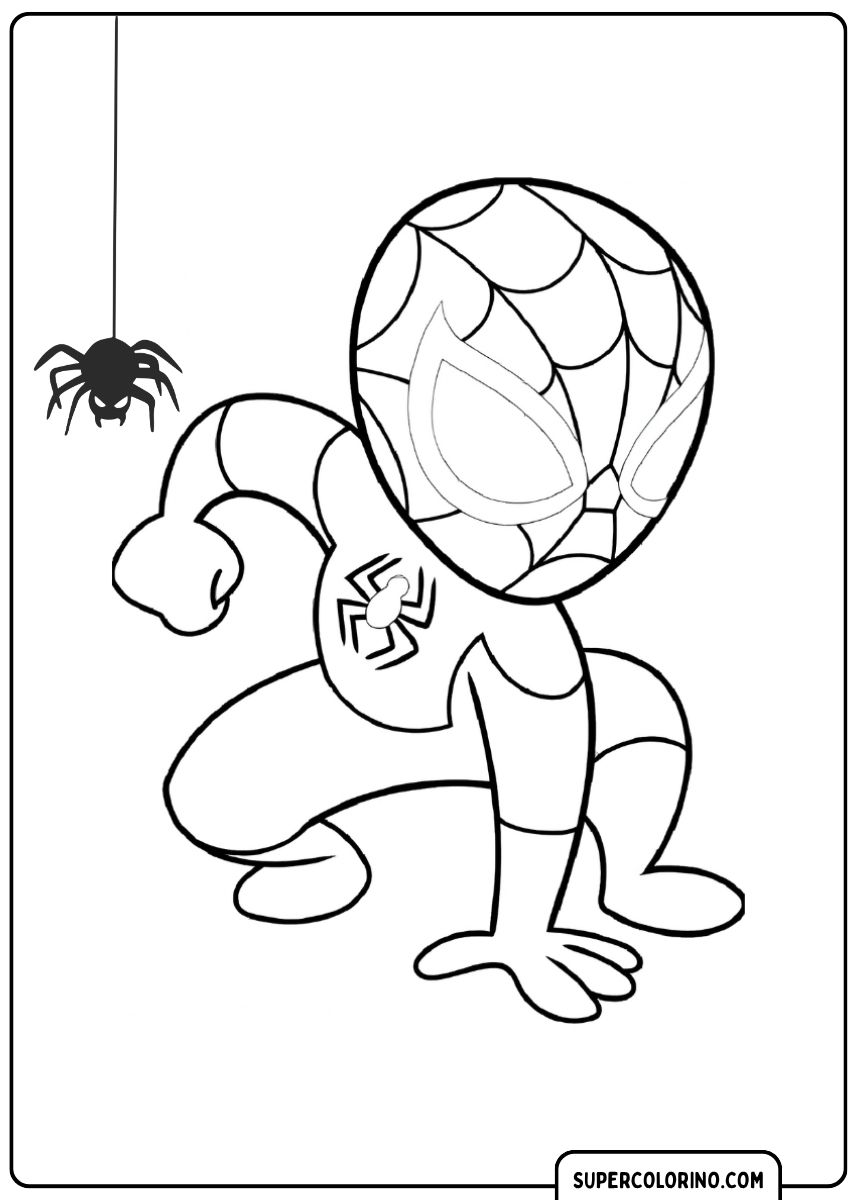 Malvorlage von Spidey (Chibi) in niedriger, geduckter, actiongeladener Pose.