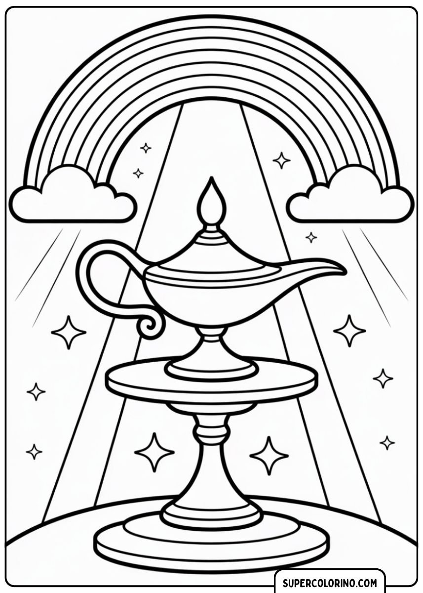 Coloriage d'une lampe magique sur un piédestal, encadrée de rayons de lumière, d'étoiles et d'un arc-en-ciel.
