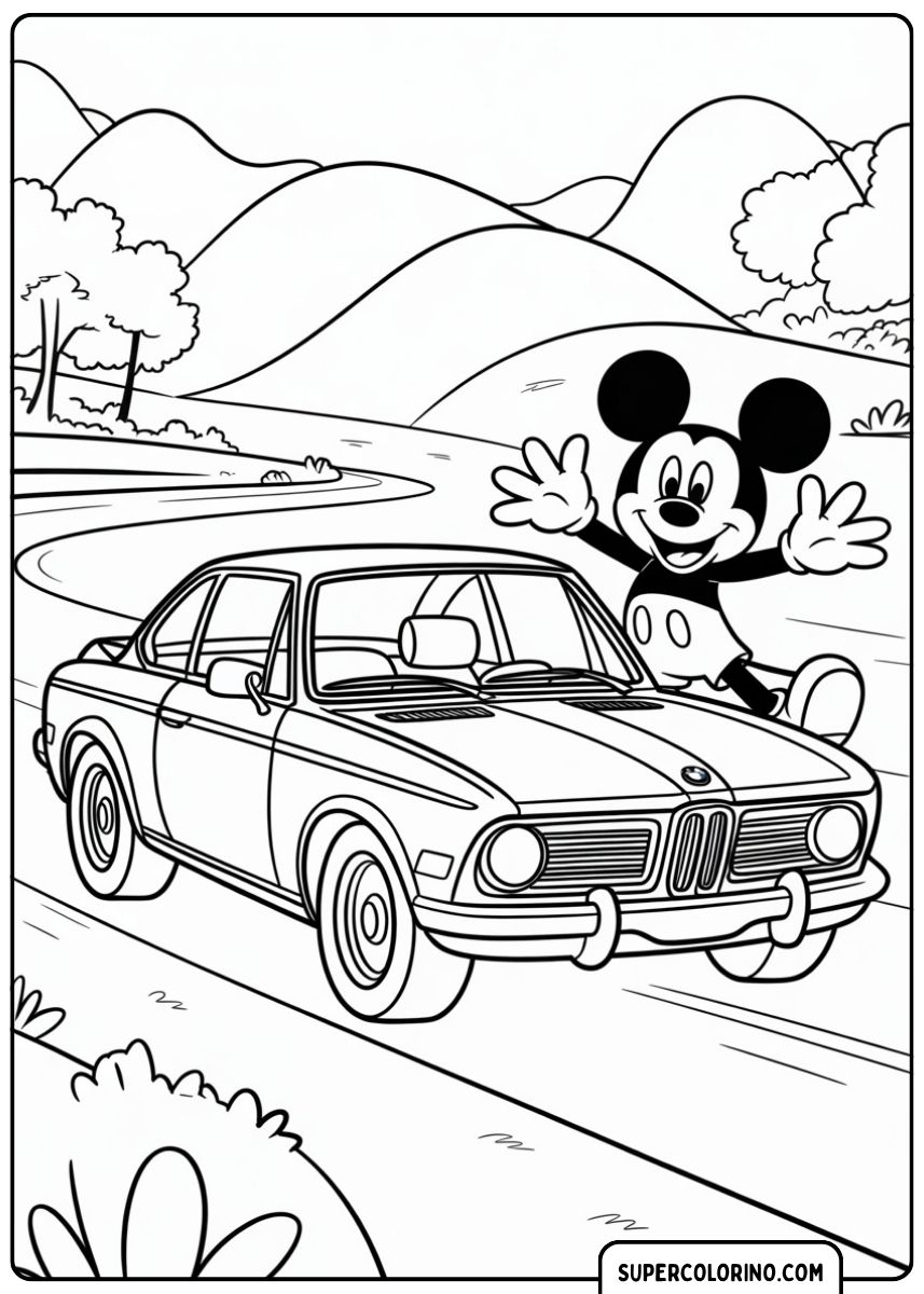 Malvorlage BMW Coupé und Mickey Mouse: Mickey Mouse winkt neben einem klassischen BMW Coupé auf einer malerischen Straße.