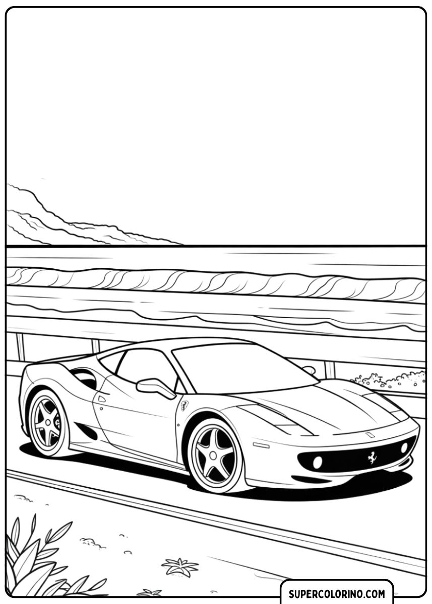 Kleurplaat van een Ferrari 458/488 op een kustweg, met golven en strand op de achtergrond.