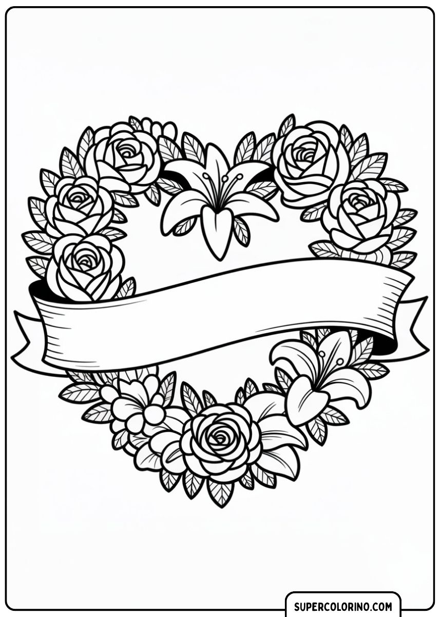 Malvorlage eines herzförmigen Blumenkranzes mit einem leeren Band.