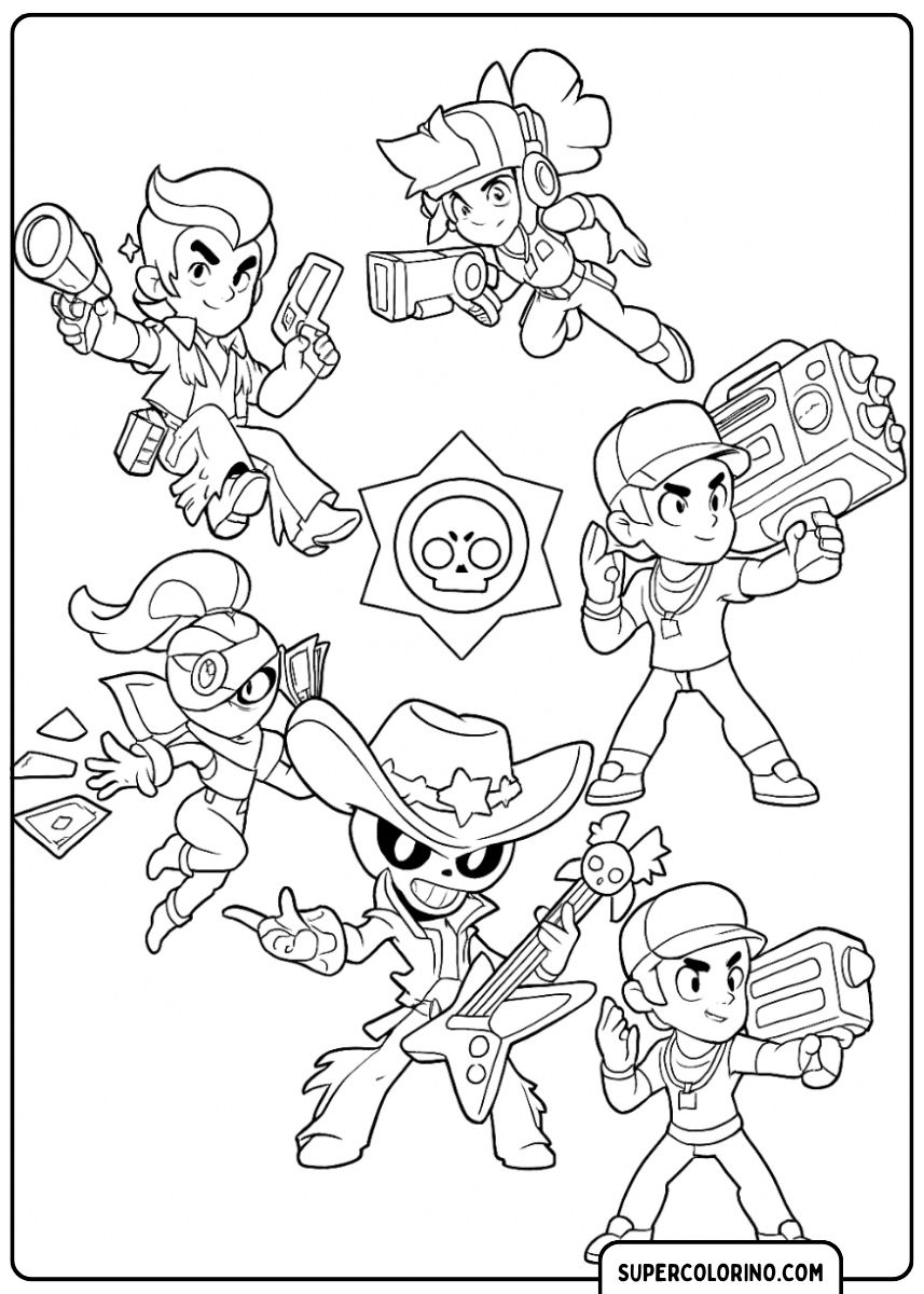 Image colorée de six Brawlers (Colt, Bibi, Jessie, Brock, Poco) autour du logo Brawl Stars.