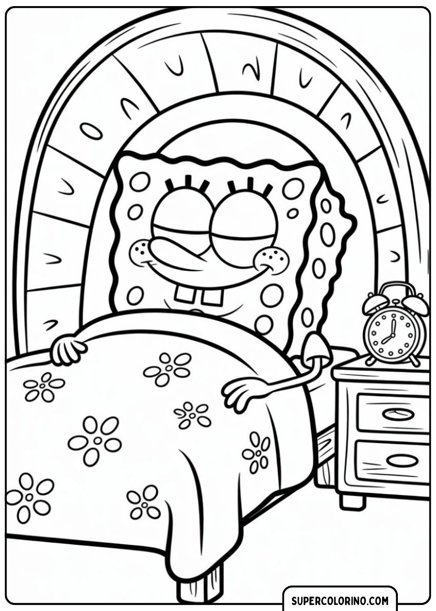 SpongeBob schläft tief und fest in seinem Bett mit einer geblümten Decke.