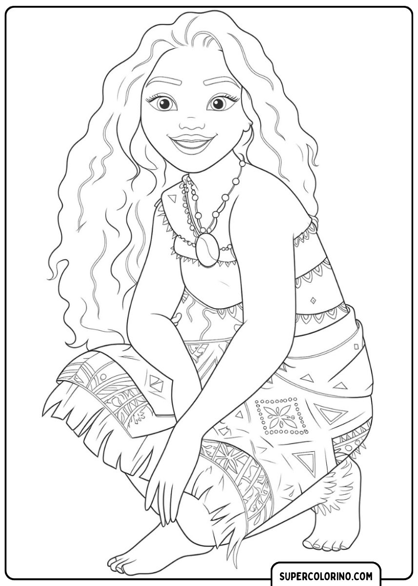 Image à colorier : Vaiana accroupie en costume traditionnel, souriante.