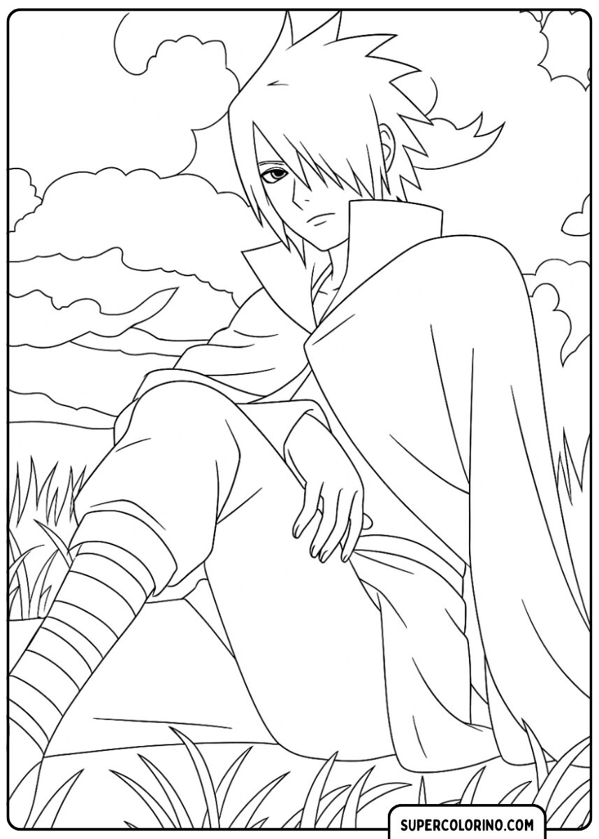 Ausmalbild von Sasuke Uchiha, der mit einem Umhang draußen sitzt.