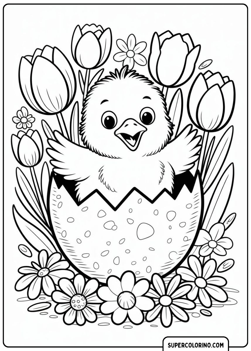 Image à colorier d'un poussin éclos d'une coquille d'œuf peinte, entouré de tulipes et de fleurs printanières.