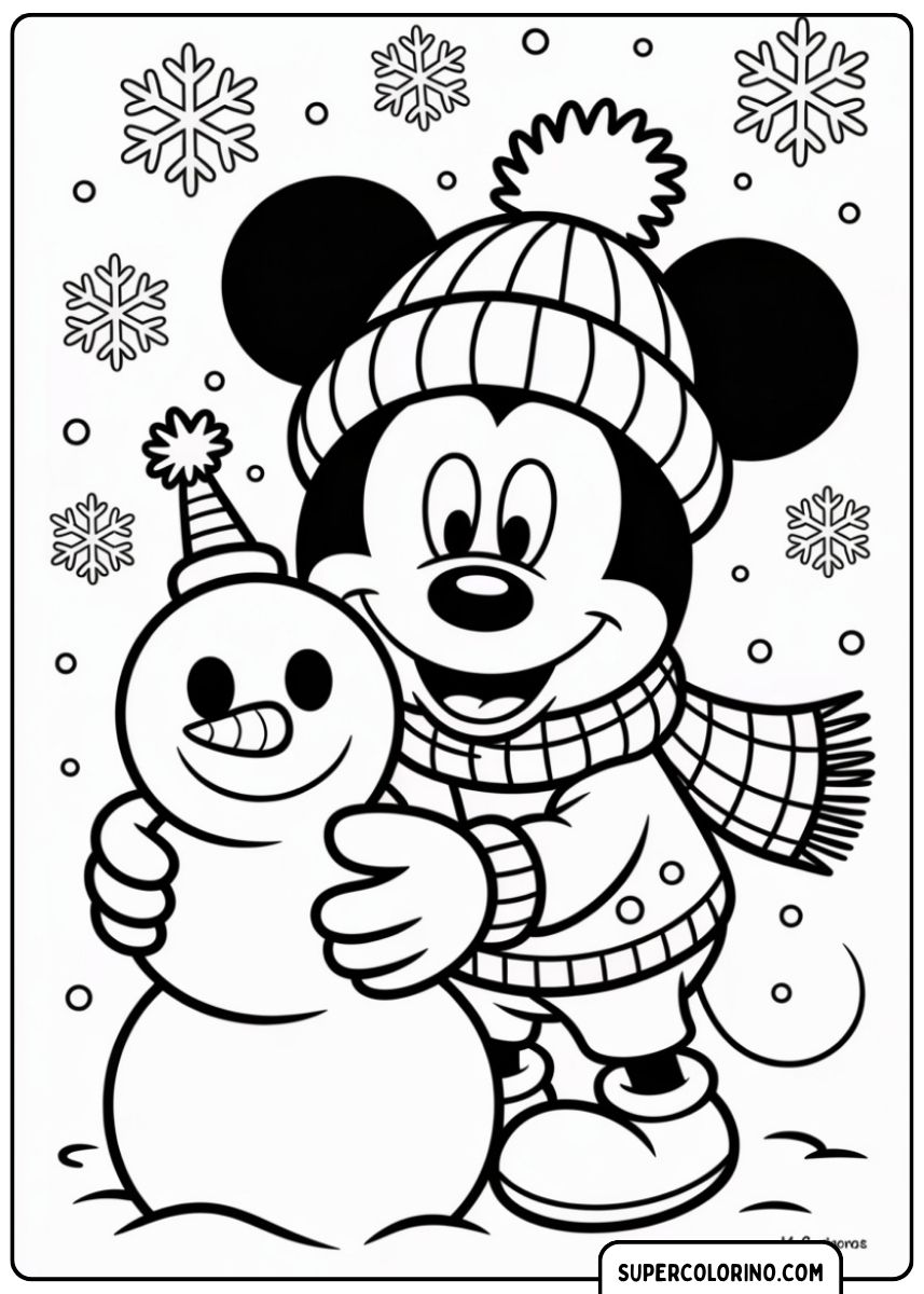 Image à colorier : Mickey Mouse vêtu de vêtements d’hiver embrasse un bonhomme de neige.
