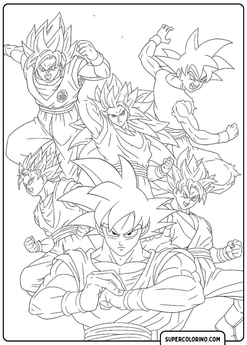 Kleurplaat met verschillende Super Saiyan-vormen van Goku in een collage.