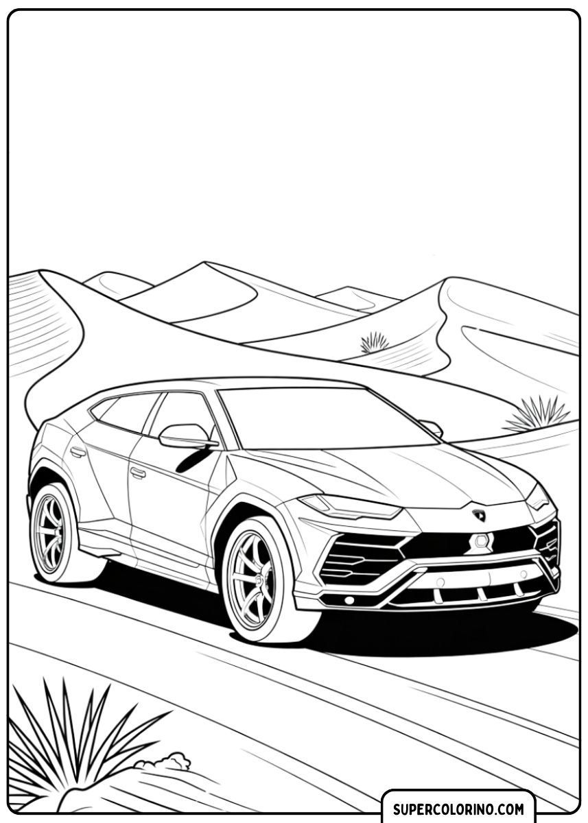 Immagine da colorare di una Lamborghini Urus che attraversa un paesaggio desertico con dune di sabbia.