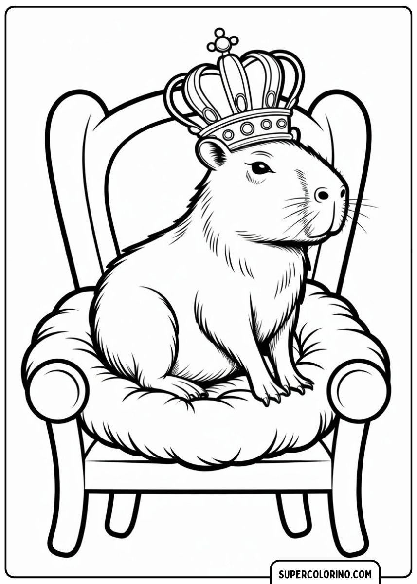 Malvorlage: Capybara mit großer Krone, majestätisch auf einem Thron oder gepolsterten Stuhl sitzend.