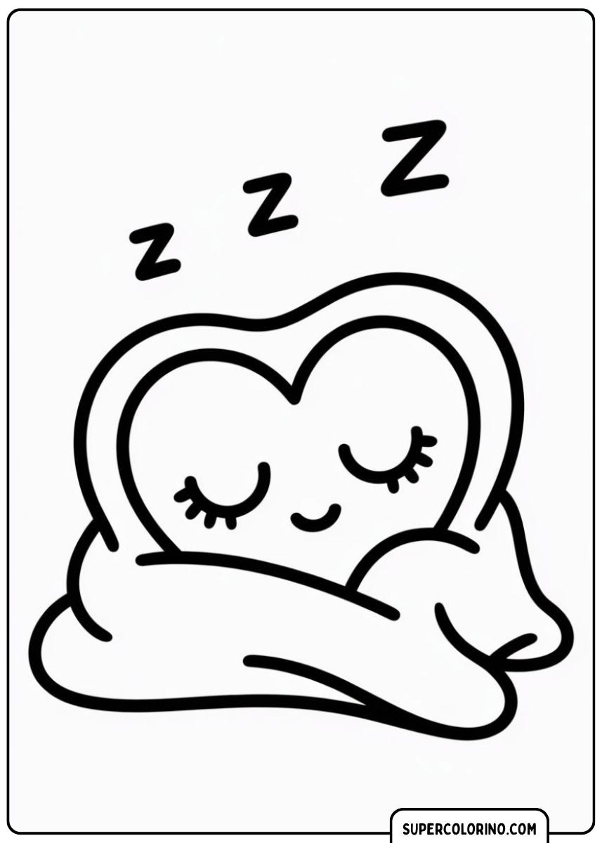 Kleurplaat: Een geanimeerd hart dat gezond slaapt, gewikkeld in een deken, met 'Zzz'-tekens.