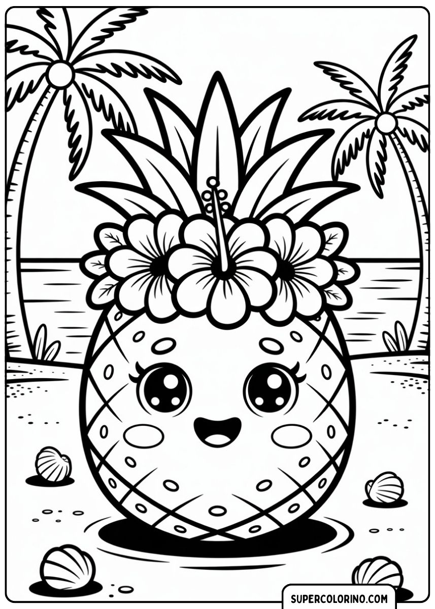 Eine Kawaii-Ananas mit Hibiskusblüten als Krone lächelt am Strand, umgeben von Palmen und Muscheln.