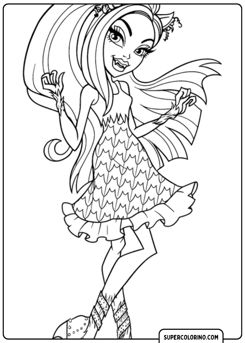 Kleurplaat van een Monster High-personage met vleermuisvleugels en een geschubd pak