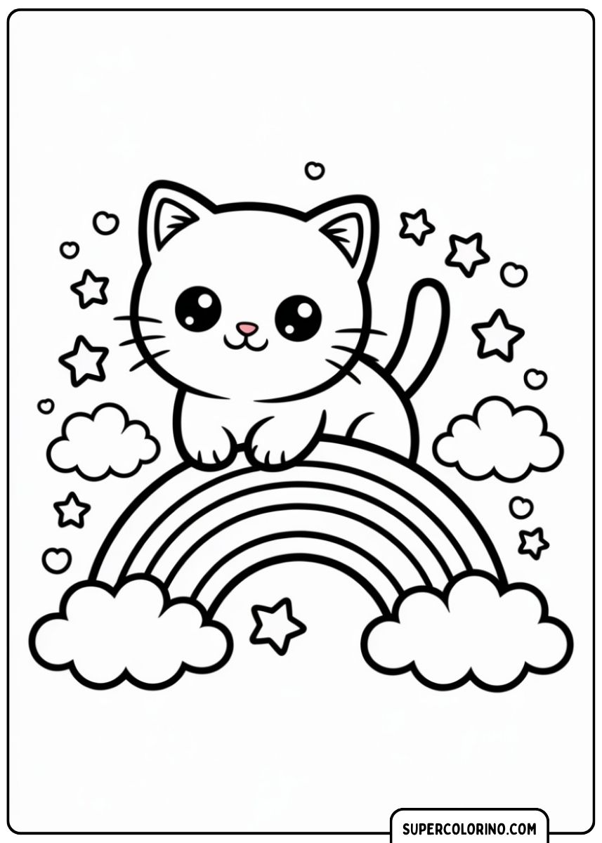 Coloriage d'un chaton mignon assis sur un arc-en-ciel parmi les nuages ​​et les étoiles.