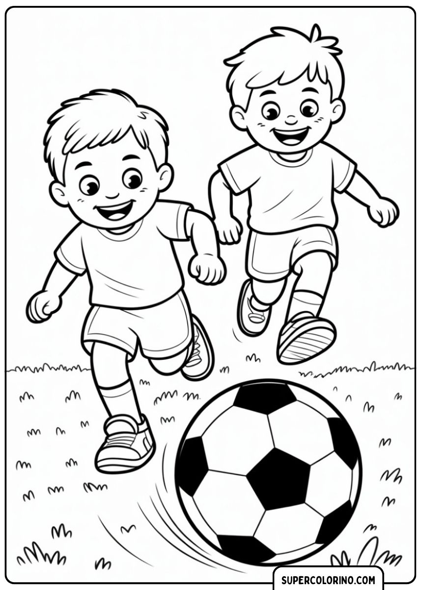 Kleurplaat van twee kinderen die lachend achter een voetbal aan rennen.