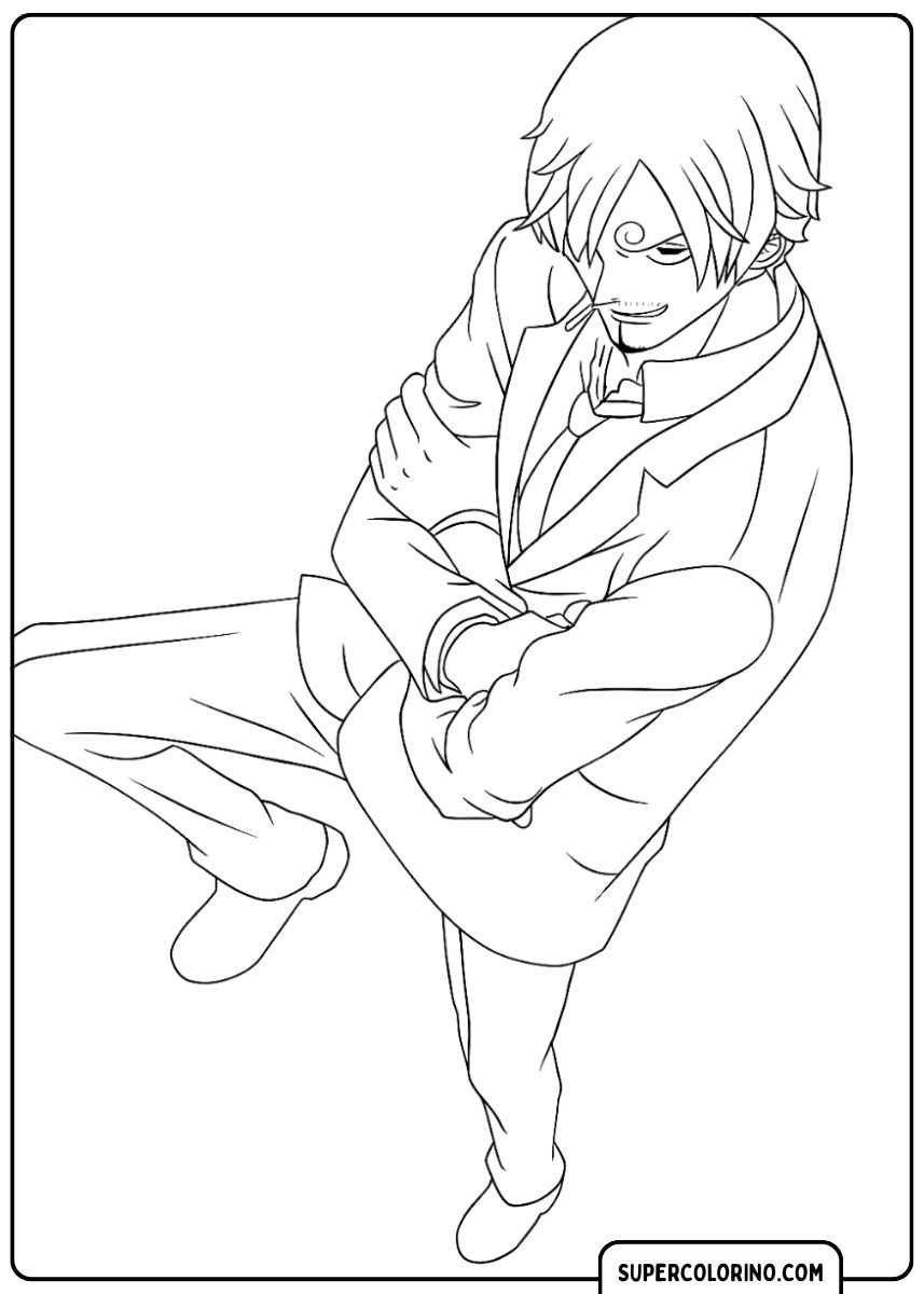 Image à colorier : Vinsmoke Sanji dans un costume élégant, assis dans une pose réfléchie.
