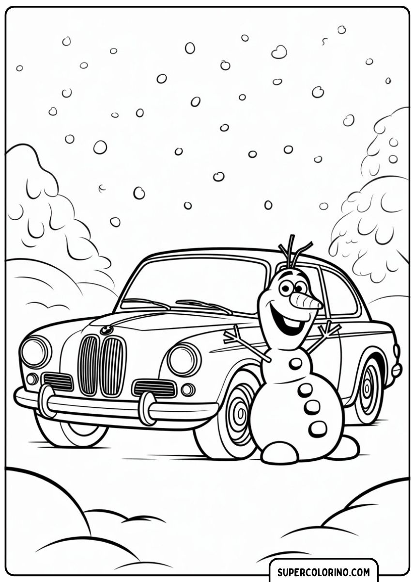 Malvorlage BMW und Olaf: Der Schneemann Olaf steht neben einem klassischen BMW (Typ Isetta) unter dem Schnee.