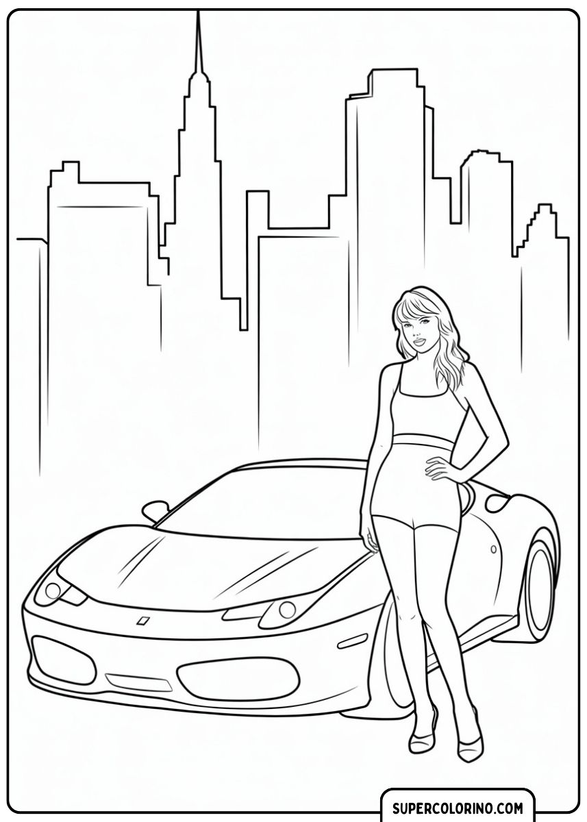 Kleurplaat van een beroemde zanger naast een Ferrari 458 met een stedelijke skyline op de achtergrond.