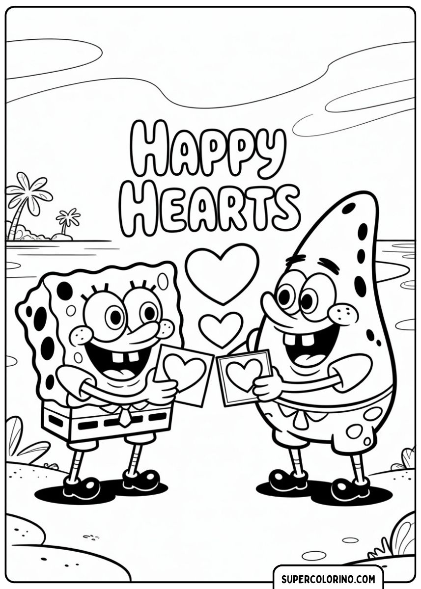 Malvorlage von Spongebob und Patrick, die am Strand Valentinsgrüße austauschen.