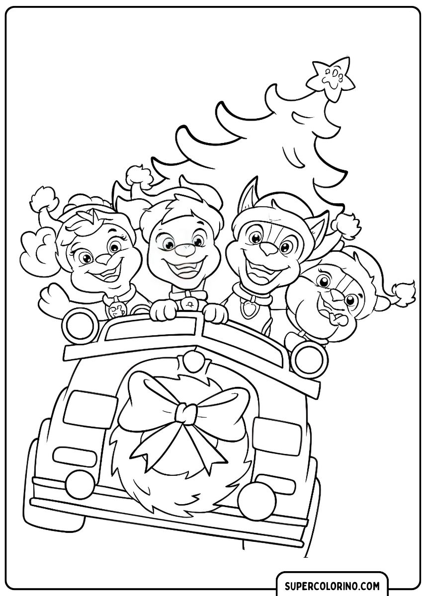 Coloriage AW Patrol : Quatre chiots et Ryder sur un véhicule de Noël.