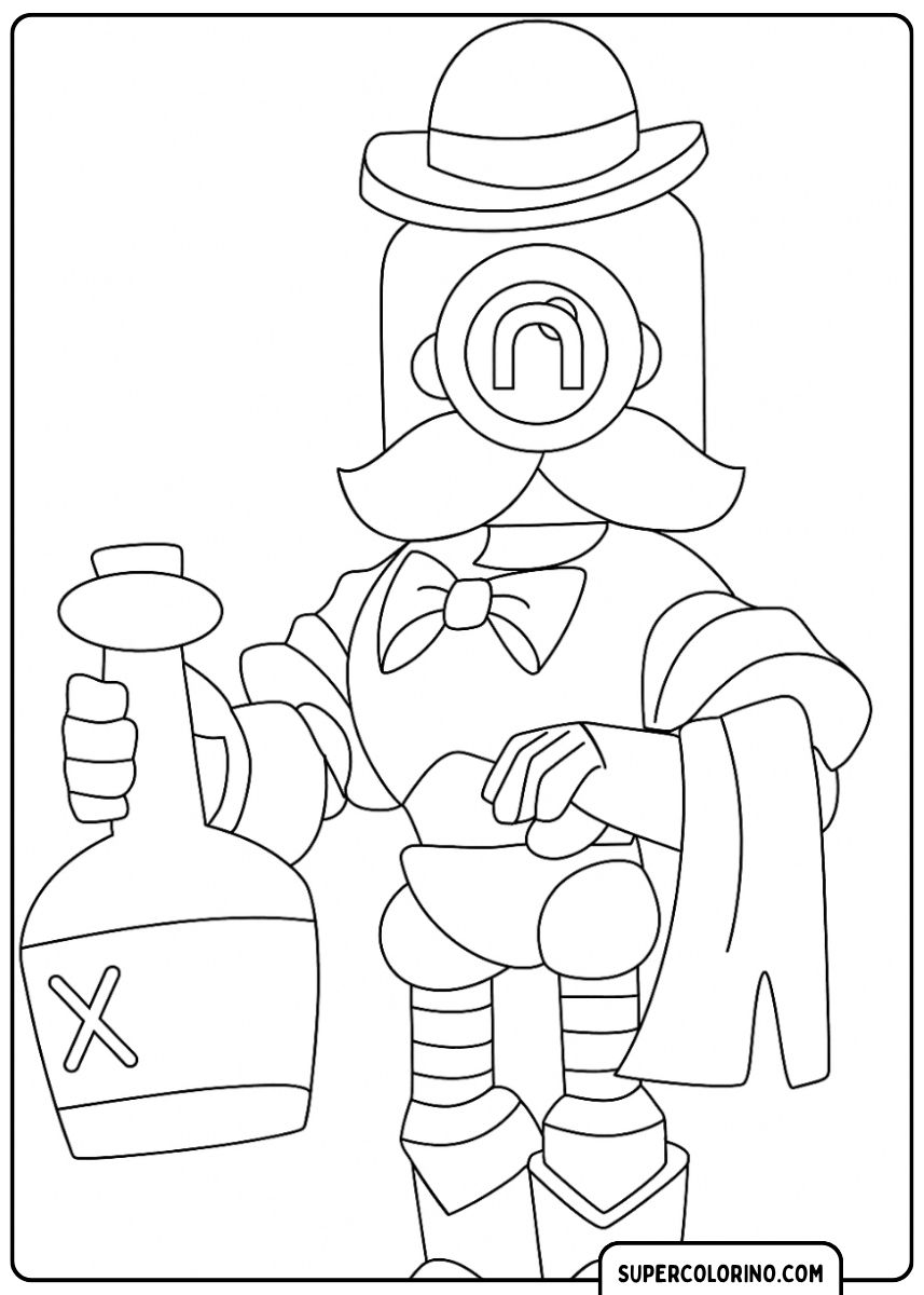 Image à colorier de l'orge en tenue de barman avec bouteille et chiffon.