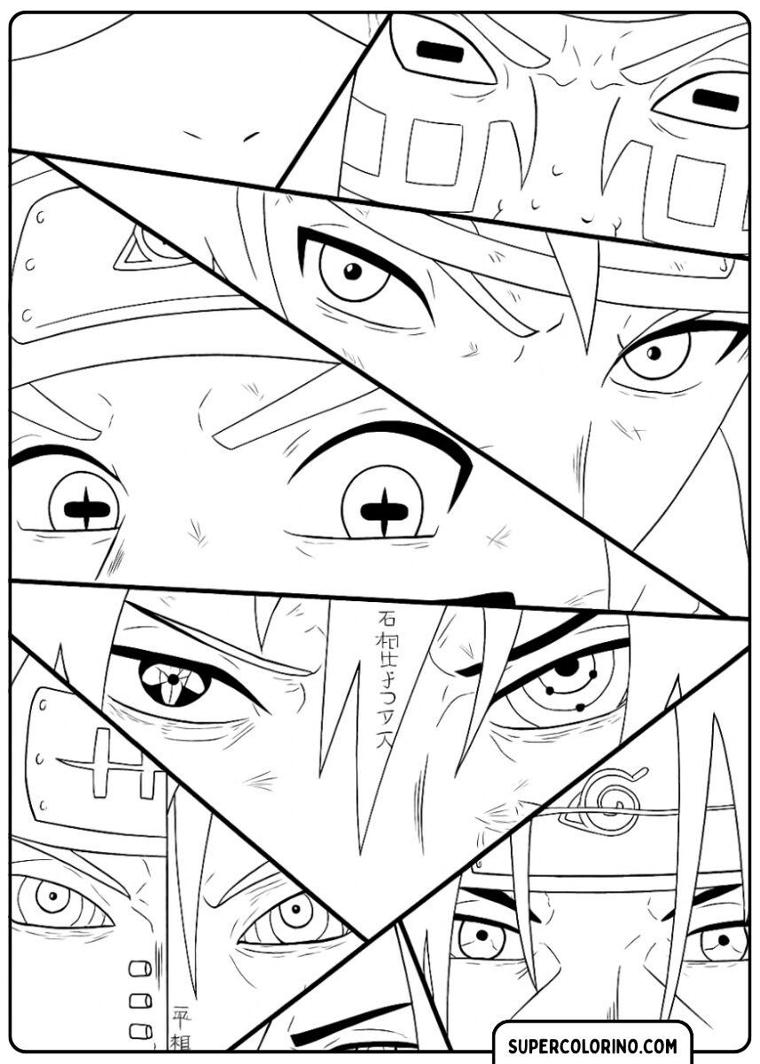 Ausmalbild einer Collage aus den Augen verschiedener Naruto-Charaktere.
