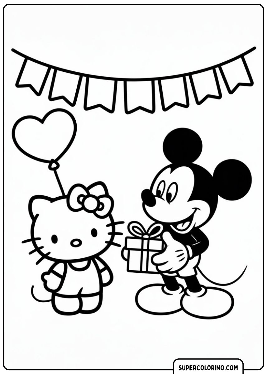 Image à colorier : Mickey Mouse offre à Hello Kitty un paquet de guirlandes.