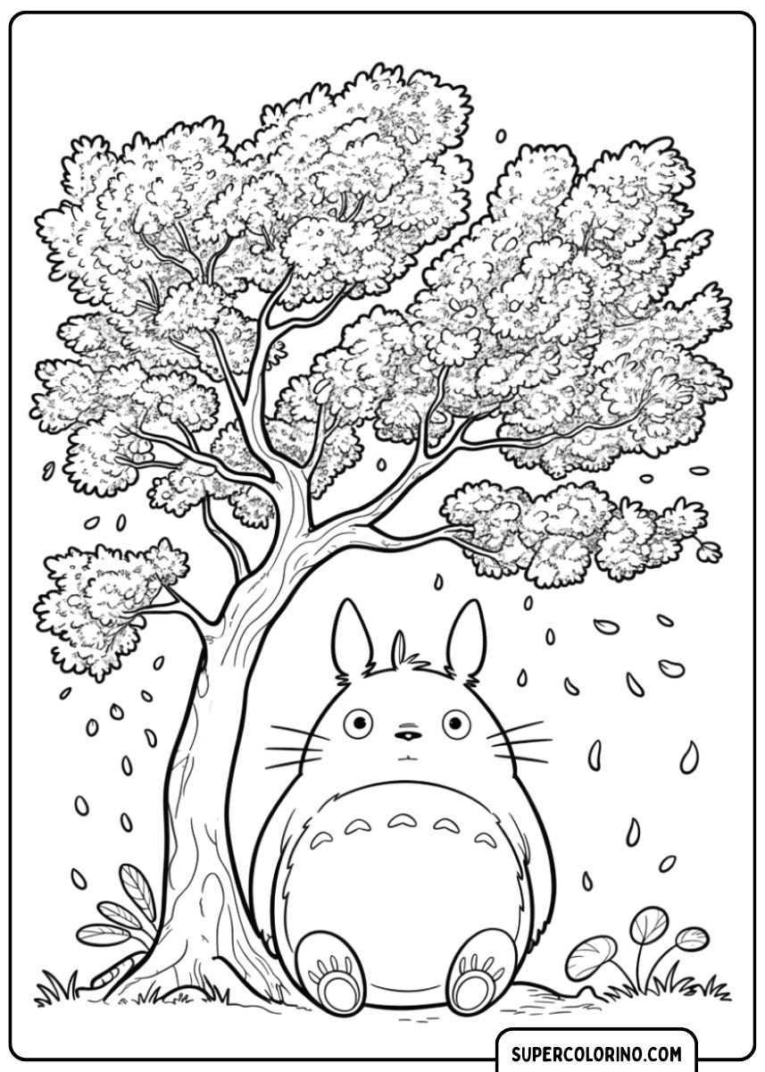 Coloriage Totoro assis sous un grand arbre aux pétales tombants (fleurs de cerisier).