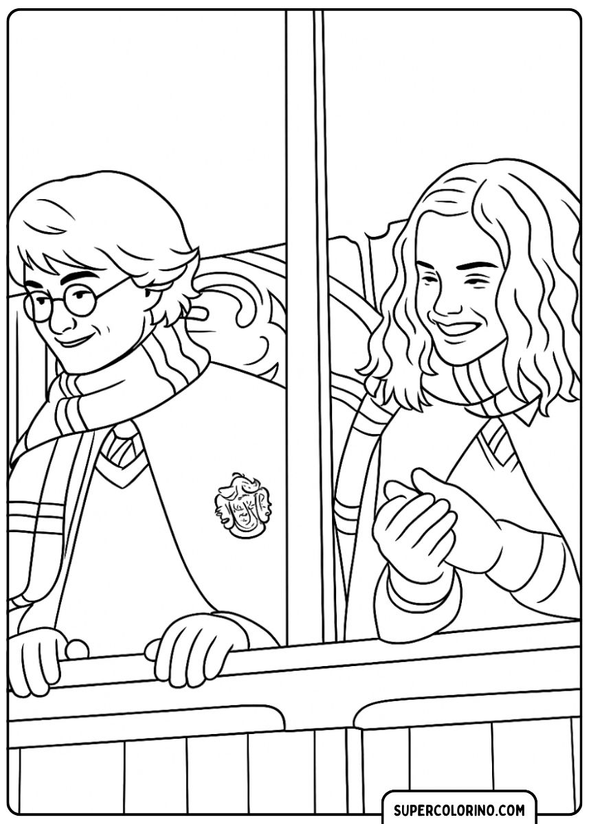 Harry Potter et Hermione Granger sourient depuis la fenêtre d'un train.