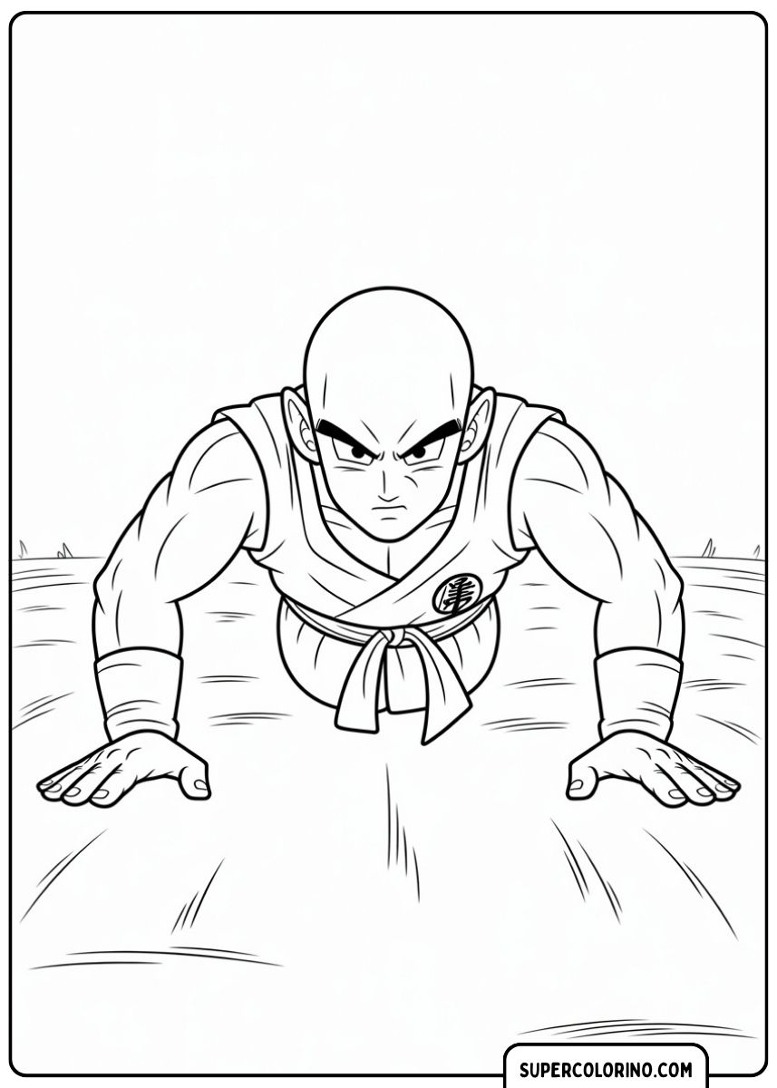 Kleurplaat van Krillin in gevechtskleding die push-ups doet met een serieuze uitdrukking.