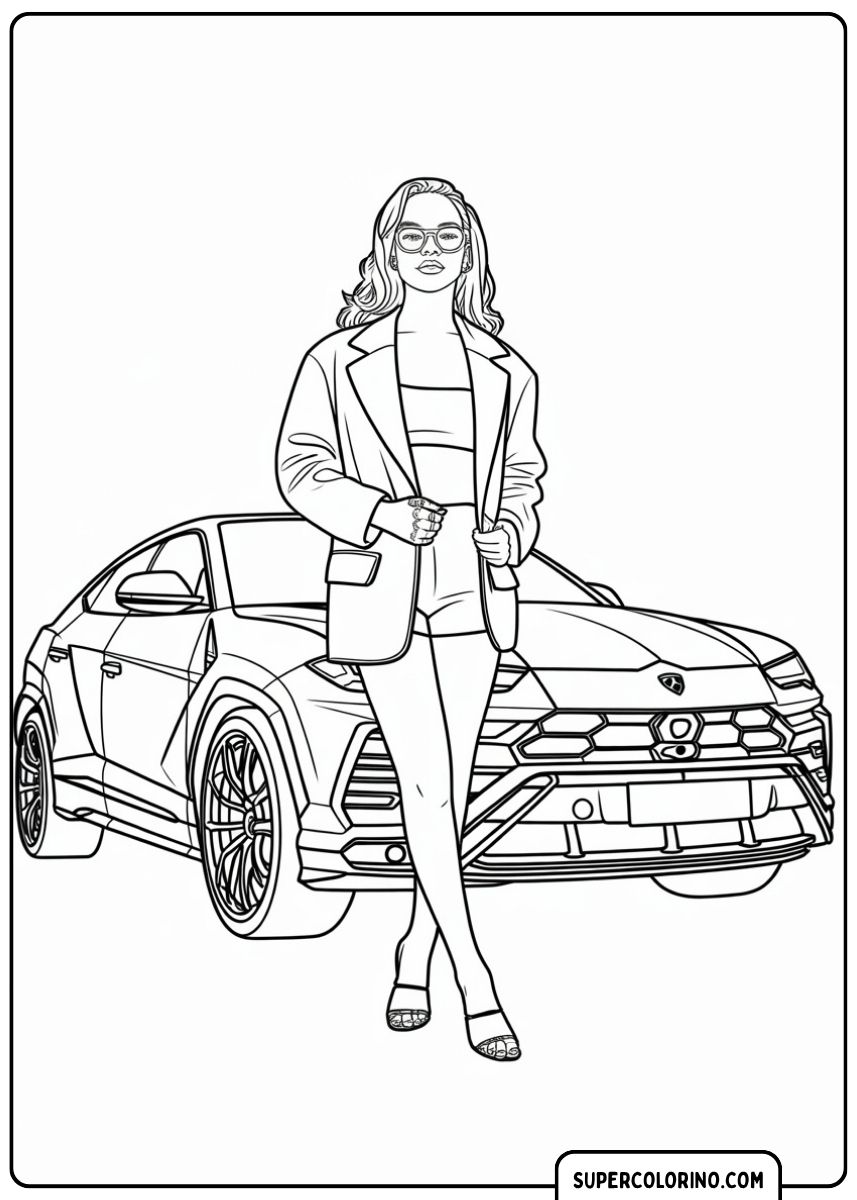 Immagine da colorare di una donna elegante in blazer e shorts in piedi davanti a una Lamborghini Urus.