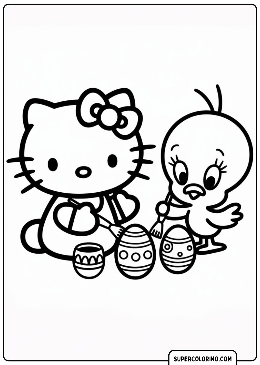 Kleurplaat van Hello Kitty en Tweety (Tweety) die paaseieren schilderen met penselen.