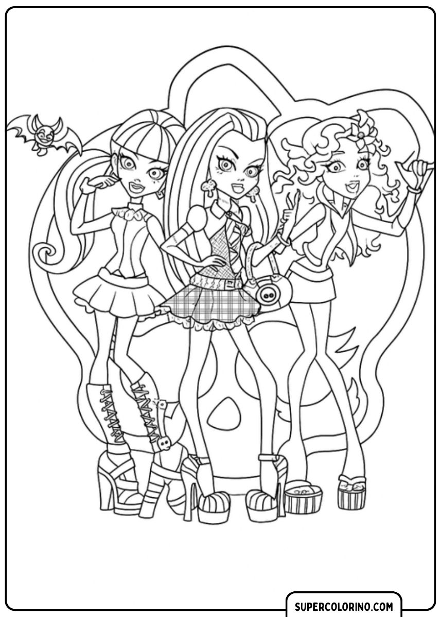 Disegno da colorare delle tre Ghouls principali davanti al logo del teschio