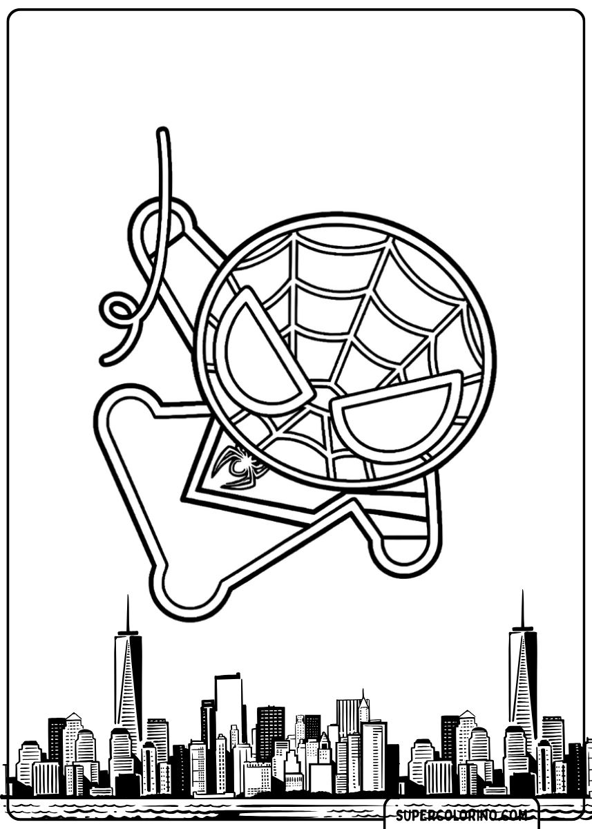 Malvorlage eines laufenden/kletternden Chibi Spidey mit einem Spinnennetzmuster.