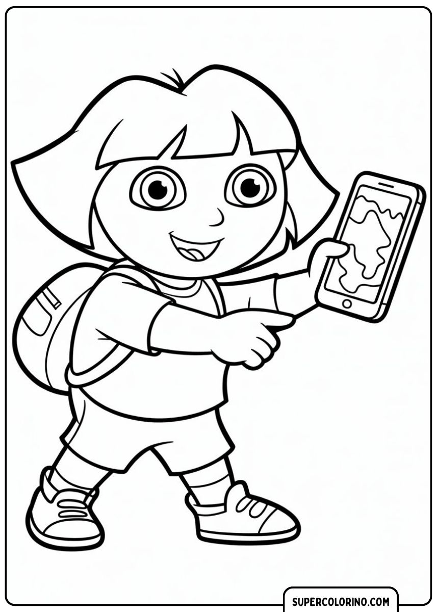 Dora, die Entdeckerin, hält ein iPhone mit einer Karte.