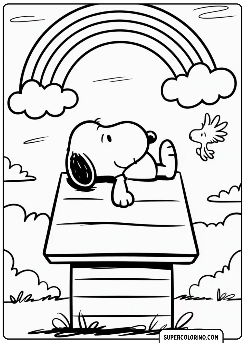Coloriage de Snoopy se reposant sur le toit de sa niche, avec Woodstock et un arc-en-ciel.