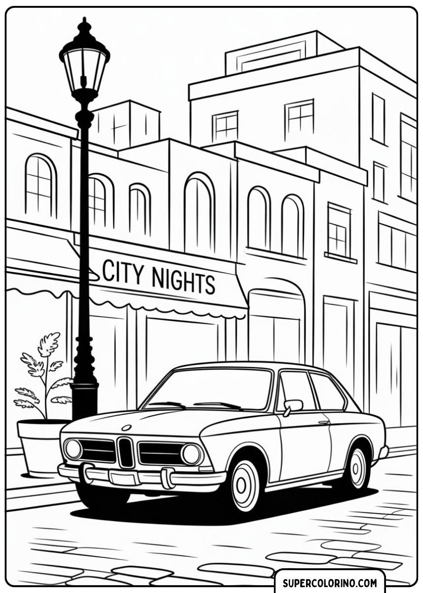 Malvorlage BMW in der Stadt: Klassisches Coupé (ähnlich der 02er-Serie), geparkt in einer abendlichen städtischen Umgebung.