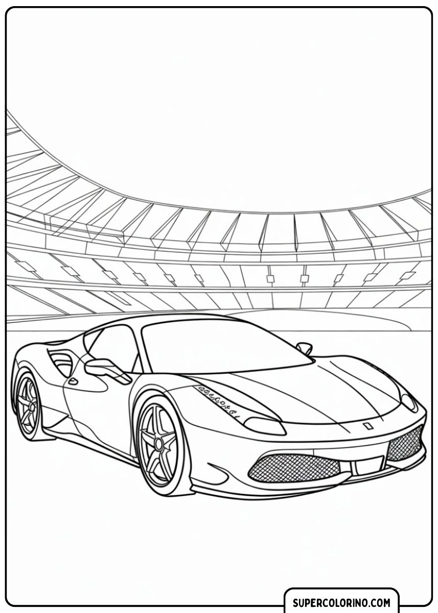 Kleurplaat van een moderne Ferrari-supercar (vergelijkbaar met 488) tegen de achtergrond van een groot stadion.
