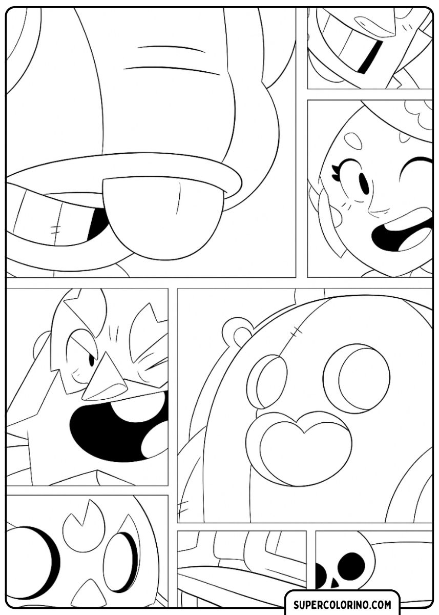 Image à colorier de style bande dessinée avec des gros plans des visages des bagarreurs (El Primo, Max, Bull, Piper, etc.).