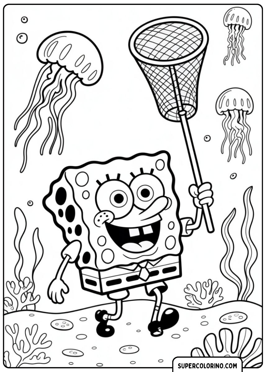 SpongeBob mit seinem Quallennetz, umgeben von Quallen.