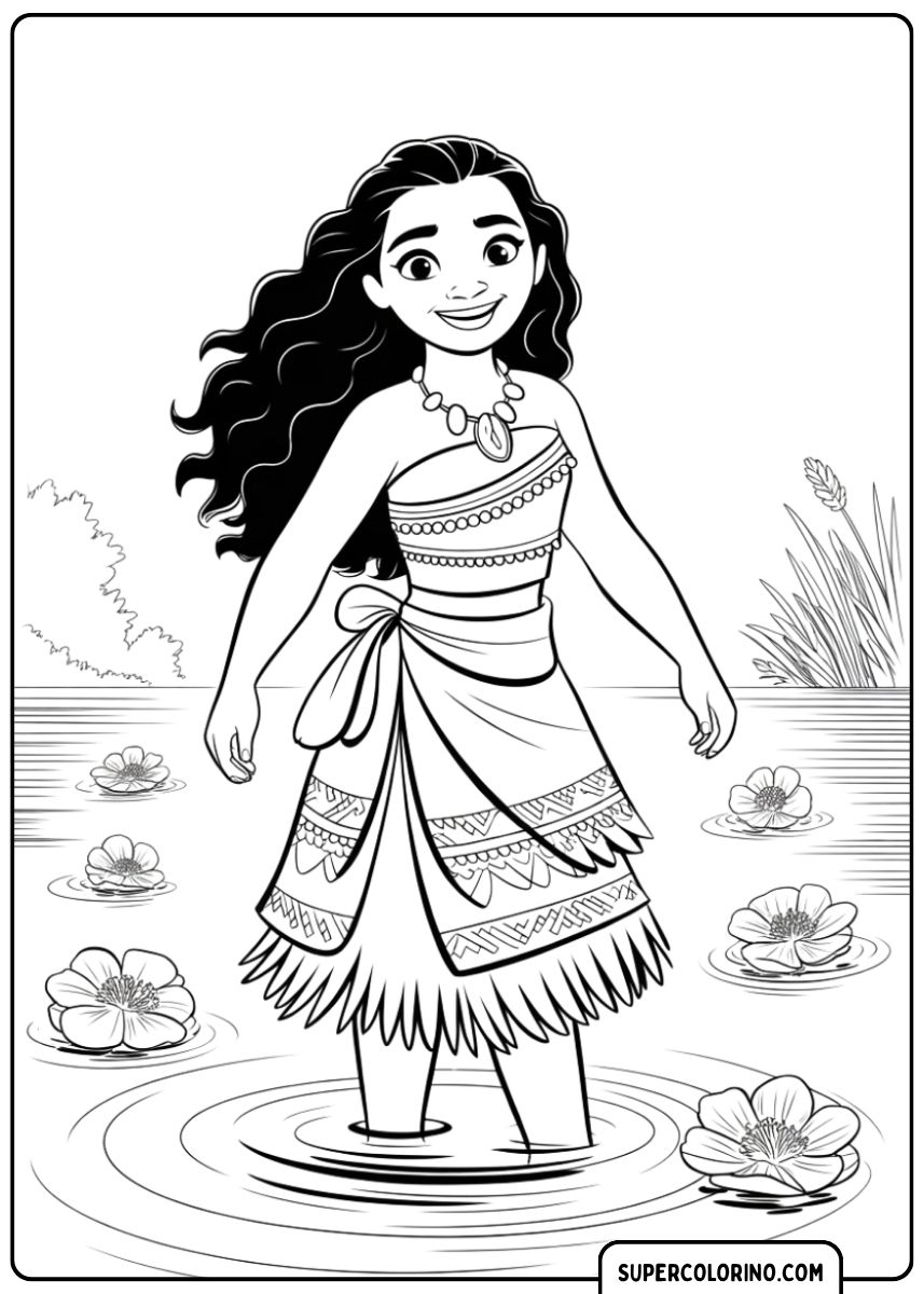 Coloriage : Vaiana debout dans l’eau avec des fleurs de nénuphar.