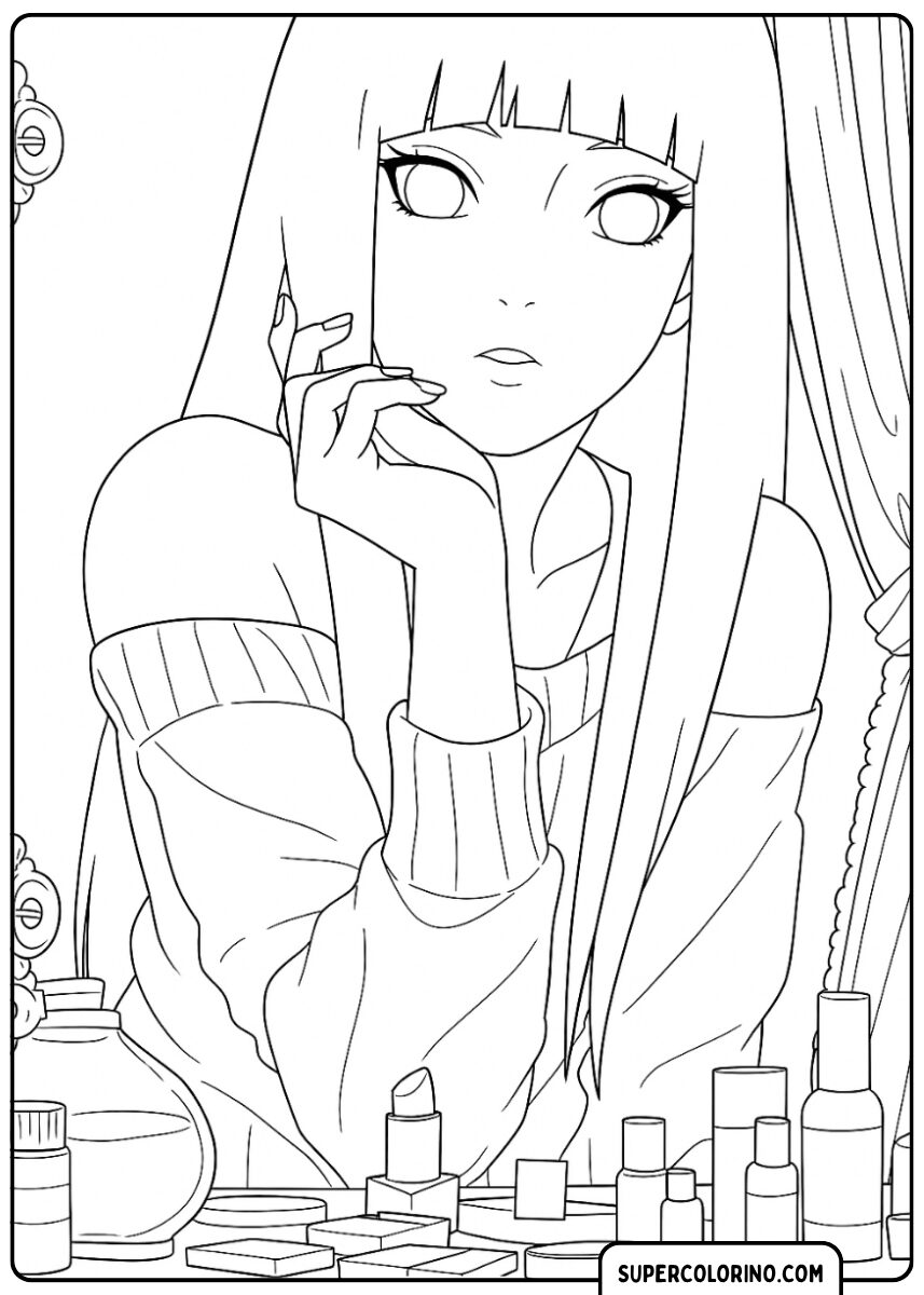 Ausmalbild von Hinata Hyuga in einem modernen Pullover mit Kosmetika auf dem Tisch.