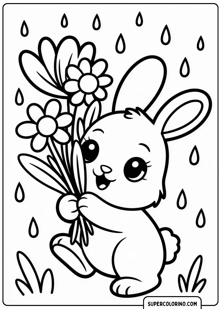 Image à colorier d'un joli lapin tenant un bouquet de fleurs alors qu'il pleut doucement.